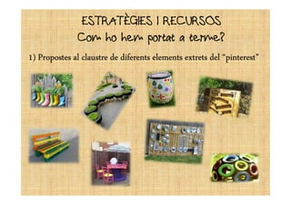 ESTRATÈGIES I RECURSOSESTRATÈGIES I RECURSOS
Com ho hem portat a terme?
1111)))) PropostesPropostesPropostesPropostes alalalal claustreclaustreclaustreclaustre dededede diferentsdiferentsdiferentsdiferents elementselementselementselements extretsextretsextretsextrets deldeldeldel “pinterest”“pinterest”“pinterest”“pinterest”
 