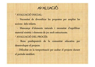 AVALUACIÓAVALUACIÓ
**** AVALUACIÓAVALUACIÓAVALUACIÓAVALUACIÓ INICIALINICIALINICIALINICIAL::::
---- NecessitatNecessitatNecessitatNecessitat dededede diversificardiversificardiversificardiversificar lesleslesles propostespropostespropostespropostes perperperper ampliarampliarampliarampliar lesleslesles
accionsaccionsaccionsaccions delsdelsdelsdels infantsinfantsinfantsinfants....
---- MancançaMancançaMancançaMancança d’elementsd’elementsd’elementsd’elements naturalsnaturalsnaturalsnaturals iiii necessitatnecessitatnecessitatnecessitat d’equilibrard’equilibrard’equilibrard’equilibrar
materialmaterialmaterialmaterial sintèticsintèticsintèticsintètic iiii elementselementselementselements dededede jocjocjocjoc moltmoltmoltmolt estructuratsestructuratsestructuratsestructurats....materialmaterialmaterialmaterial sintèticsintèticsintèticsintètic iiii elementselementselementselements dededede jocjocjocjoc moltmoltmoltmolt estructuratsestructuratsestructuratsestructurats....
**** AVALUACIÓAVALUACIÓAVALUACIÓAVALUACIÓ DELDELDELDEL PROCÉSPROCÉSPROCÉSPROCÉS::::
---- BonaBonaBonaBona predisposiciópredisposiciópredisposiciópredisposició dededede lalalala comunitatcomunitatcomunitatcomunitat educativaeducativaeducativaeducativa perperperper
desenvolupardesenvolupardesenvolupardesenvolupar elelelel projecteprojecteprojecteprojecte....
---- DificultatDificultatDificultatDificultat enenenen lalalala temporitzaciótemporitzaciótemporitzaciótemporització perperperper acabaracabaracabaracabar elelelel projecteprojecteprojecteprojecte durantdurantdurantdurant
elelelel períodeperíodeperíodeperíode establertestablertestablertestablert....
 