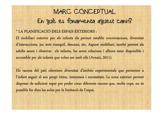 MARC CONCEPTUALMARC CONCEPTUAL
En què es fonamenta aquest canvi?
******** LALALALALALALALA PLANIFICACIÓPLANIFICACIÓPLANIFICACIÓPLANIFICACIÓPLANIFICACIÓPLANIFICACIÓPLANIFICACIÓPLANIFICACIÓ DELSDELSDELSDELSDELSDELSDELSDELS ESPAISESPAISESPAISESPAISESPAISESPAISESPAISESPAIS EXTERIORSEXTERIORSEXTERIORSEXTERIORSEXTERIORSEXTERIORSEXTERIORSEXTERIORS ::::::::
ElElElEl mobiliarimobiliarimobiliarimobiliari exteriorexteriorexteriorexterior perperperper alsalsalsals infantsinfantsinfantsinfants elselselsels permetpermetpermetpermet establirestablirestablirestablir conversacions,conversacions,conversacions,conversacions, diversitatdiversitatdiversitatdiversitat
d’interaccions,d’interaccions,d’interaccions,d’interaccions, jocjocjocjoc mésmésmésmés tranquil,tranquil,tranquil,tranquil, descans,descans,descans,descans, etcetcetcetc.... AquestAquestAquestAquest mobiliari,mobiliari,mobiliari,mobiliari, tambétambétambétambé permetpermetpermetpermet alsalsalsals
adultsadultsadultsadults seureseureseureseure iiii observarobservarobservarobservar elselselsels infants,infants,infants,infants, lesleslesles sevessevessevesseves relacionsrelacionsrelacionsrelacions iiii alhoraalhoraalhoraalhora estarestarestarestar disponibledisponibledisponibledisponible iiii
accessibleaccessibleaccessibleaccessible perperperper alsalsalsals infantsinfantsinfantsinfants quequequeque volenvolenvolenvolen serserserser ambambambamb ellsellsellsells ((((ArnaizArnaizArnaizArnaiz,,,, 2011201120112011))))....accessibleaccessibleaccessibleaccessible perperperper alsalsalsals infantsinfantsinfantsinfants quequequeque volenvolenvolenvolen serserserser ambambambamb ellsellsellsells ((((ArnaizArnaizArnaizArnaiz,,,, 2011201120112011))))....
ElsElsElsEls raconsraconsraconsracons deldeldeldel patipatipatipati ofereixenofereixenofereixenofereixen diversitatdiversitatdiversitatdiversitat d’àmbitsd’àmbitsd’àmbitsd’àmbits experimentalsexperimentalsexperimentalsexperimentals quequequeque permetenpermetenpermetenpermeten aaaa
l’infantl’infantl’infantl’infant seguirseguirseguirseguir elelelel seuseuseuseu propipropipropipropi ritme,ritme,ritme,ritme, interessosinteressosinteressosinteressos iiii necessitatsnecessitatsnecessitatsnecessitats.... LaLaLaLa zonazonazonazona exteriorexteriorexteriorexterior permetpermetpermetpermet
disposardisposardisposardisposar dededede suficientsuficientsuficientsuficient espaiespaiespaiespai perperperper poderpoderpoderpoder crearcrearcrearcrear diferentsdiferentsdiferentsdiferents raconsraconsraconsracons que,que,que,que, moltsmoltsmoltsmolts cops,cops,cops,cops, nononono ésésésés
possiblepossiblepossiblepossible ferferferfer dinsdinsdinsdins lesleslesles aulesaulesaulesaules perperperper lalalala limitaciólimitaciólimitaciólimitació dededede l’espail’espail’espail’espai....
 