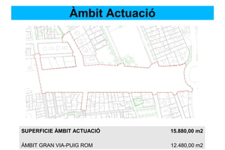 Àmbit Actuació
SUPERFICIE ÀMBIT ACTUACIÓ 15.880,00 m2
ÀMBIT GRAN VIA-PUIG ROM 12.480,00 m2
 