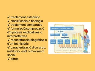 ✔ tractament estadístic
✔ classificació o tipologia
✔ tractament comparatiu
✔ formulació/comprovació
d’hipòtesis explicatives o
interpretatives
✔ reconstrucció biogràfica o
d’un fet històric
✔ caracterització d’un grup,
institució, estil o moviment
social
✔ altres
 
