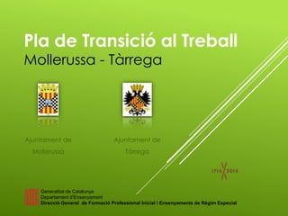 Pla de Transició al Treball
Mollerussa - Tàrrega
Ajuntament de
Mollerussa
Ajuntament de
Tàrrega
Generalitat de Catalunya
Departament d'Ensenyament
Direcció General de Formació Professional Inicial i Ensenyaments de Règim Especial
 