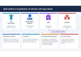 Què veiem a la pràctica: el circuit i els seus buits
Jove
amb malestar
Ansietat, insomni,
complexitat emocional
→
Metge família /
Pediatria
1a línia · Prescripció
i derivació
→
CSMIJ
Salut mental
infantojuvenil
→
CAS Delta
Si hi ha trastorn
per ús de substàncies
Pont: psicòloga CAS al CSMIJ
El CAS no veu el principi
Molts joves no s'identifiquen com
a 'addictes': arriben com ansietat,
insomni o prescripció mantinguda
La zona grisa
Entre l'ús puntual i la dependència
clara: farmaciola familiar, ús per
dormir, compartir medicació
No sempre és addicció clàssica
De vegades és una dependència
farmacològica en part iatrogènica:
prescripció mantinguda, manca de
pla de retirada i poques
alternatives accessibles
El risc de no arribar
El jove no arriba a cap circuit
especialitzat fins que ja hi ha
policonsum, tolerància o crisi
familiar
 