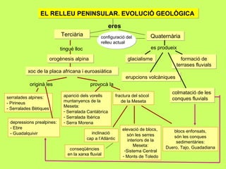 EL RELLEU PENINSULAR. EVOLUCIÓ GEOLÒGICAEL RELLEU PENINSULAR. EVOLUCIÓ GEOLÒGICA
eres
TerciàriaTerciària
orogènesis alpinaorogènesis alpina
xoc de la placa africana i euroasiàticaxoc de la placa africana i euroasiàtica
serralades alpines:
- Pirineus
- Serralades Bètiques
QuaternàriaQuaternària
glacialismeglacialisme
tingué lloc
fractura del sòcol
de la Meseta
originà les
depressions prealpines:
- Ebre
- Guadalquivir inclinació
cap a l’Atlàntic
aparició dels vorells
muntanyencs de la
Meseta:
- Serralada Cantàbrica
- Serralada Ibèrica
- Serra Morena
elevació de blocs,
són les serres
interiors de la
Meseta:
-Sistema Central
- Monts de Toledo
es produeix
erupcions volcàniqueserupcions volcàniques
formació de
terrases fluvials
formació de
terrases fluvials
colmatació de les
conques fluvials
colmatació de les
conques fluvials
blocs enfonsats,
són les conques
sedimentàries:
Duero, Tajo, Guadadiana
provocà la
configuració del
relleu actual
conseqüències
en la xarxa fluvial
 