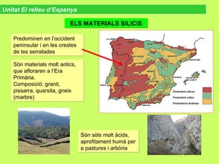 Són materials molt antics,
que afloraren a l’Era
Primària.
Composició: granit,
pissarra, quarsita, gneis
(marbre)
Són materials molt antics,
que afloraren a l’Era
Primària.
Composició: granit,
pissarra, quarsita, gneis
(marbre)
Són sòls molt àcids,
aprofitament humà per
a pastures i arbòria
Són sòls molt àcids,
aprofitament humà per
a pastures i arbòria
Predominen en l’occident
peninsular i en les crestes
de les serralades
Predominen en l’occident
peninsular i en les crestes
de les serralades
Unitat El relleu d’Espanya
ELS MATERIALS SILICISELS MATERIALS SILICIS
 