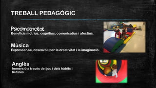 TREBALL PEDAGÒGIC
Psicomotricitat
Beneficis motrius, cognitius, comunicatius i afectius.
Música
Expressar-se, desenvolupar la creativitat i la imaginació.
Anglès
Immersió a través del joc i dels hàbits i
Rutines.
 