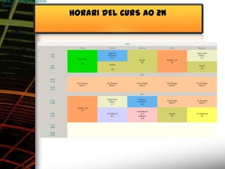 S.E.S. de Dosrius
Dosrius

                            HORARI DEL CURS AO 2N


                                                           AO2n

                     /~       Dilluns        Dimarts               Dimecres        Dijous       Divendres

                                            VISUAL I                                            EDUCACIÓ
                    8:20
                                            PLÀSTICA                                             FÍSICA
                    9:20
                                              2n A                                                 3r A
                              ProjTecAO
                                                                    ProjAO       ProjSOC_AO
                                                                      AO              AO
                                 AO
                                              ProjAO
                     9:20                                                                         ProjAO
                    10:20                                                                           AO
                                                AO

                                                                      Pati

                    10:35
                    11:35
                             AO_Practique   AO_Practique          AO_Practique   AO_Practique   AO_Practique
                               PRACT          PRACT                 PRACT          PRACT          PRACT
                    11:35
                    12:35

                                                                      Pati

                                            EDUCACIÓ               VISUAL I
                    12:50                                                        AO_Practique   AO_Practique
                                             FÍSICA               PLÀSTICA
                    13:50                                                          PRACT          PRACT
                                               3r A                  2n A

                             ProjSOC_AO
                                  AO
                                                                  OptGphRep2n
                    13:50                   TUTORIA 2n                2n A         ProjAO       TUTORIA AO
                    14:50                      2n A                OptRep2n          AO            AO
                                                                      2n B


                    15:15
                    16:00

                    16:00
                    16:45
 