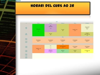 S.E.S. de Dosrius
Dosrius

                            HORARI DEL CURS AO 3R


                                                            AO3r
                     /~        Dilluns        Dimarts               Dimecres        Dijous       Divendres

                                                Opt
                                              Empresa3r
                                                                                                 EDUCACIÓ
                    8:20
                                                                                                   FÍSICA
                    9:20                         3r A
                               ProjTecAO                                                            3r A
                                                                     ProjAO       ProjSOC_AO
                                                                       AO              AO
                                  AO

                                                                                                   ProjAO
                     9:20                      ProjAO
                                                                                                 BER_FER_PSI
                    10:20                        AO
                                                                                                     AO

                                                                       Pati
                    10:35
                    11:35     AO_Practique   AO_Practique          AO_Practique   AO_Practique   AO_Practique
                    11:35       PRACT          PRACT                 PRACT          PRACT          PRACT
                    12:35
                                                                       Pati

                                                 EF3
                    12:50                                          CIUTADANIA3    AO_Practique   AO_Practique
                    13:50                                              3r A         PRACT          PRACT
                                                 3r A
                              ProjSOC_AO
                                   AO
                                             VISUAL I
                    13:50                                            MÚSICA         ProjAO       TUTORIA AO
                                             PLÀSTICA
                    14:50                                             3r A            AO            AO
                                               3r A

                    15:15
                    16:00

                    16:00
                    16:45
 