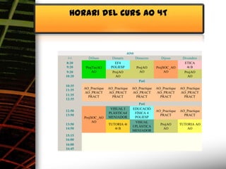 HORARI DEL CURS AO 4T



                                   AO4t
  /~     Dilluns        Dimarts          Dimecres      Dijous       Divendres
 8:20                      EF4                                        ETICA
 9:20    ProjTecAO      POLIESP           ProjAO     ProjSOC_AO        4t B
 9:20        AO          ProjAO             AO            AO          ProjAO
10:20                      AO                                           AO
                                            Pati
10:35
11:35   AO_Practique   AO_Practique   AO_Practique   AO_Practique   AO_Practique
        AO_PRACT       AO_PRACT       AO_PRACT       AO_PRACT       AO_PRACT
11:35     PRACT          PRACT          PRACT          PRACT          PRACT
12:35
                                          Pati
                        VISUAL I      EDUCACIÓ
12:50                                                AO_Practique   AO_Practique
                       PLÀSTICA4        FÍSICA 4
13:50                                                  PRACT          PRACT
        ProjSOC_AO     MENJADOR         POLIESP
             AO                         VISUAL
13:50                  TUTORIA 4t                      ProjAO       TUTORIA AO
                                      I PLÀSTICA
14:50                     4t B                           AO             AO
                                      MENJADOR
15:15
16:00
16:00
16:45
 