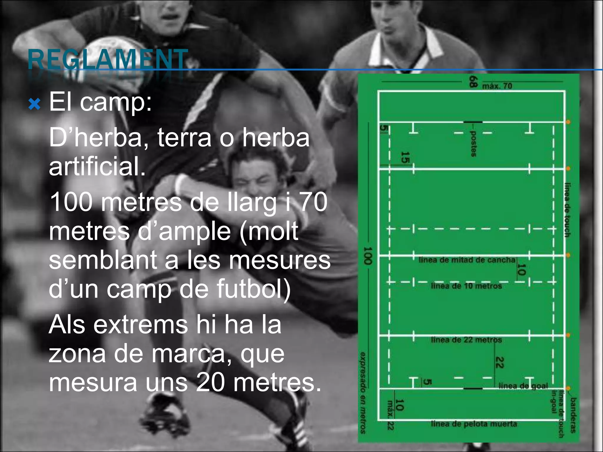    El camp:
    D’herba, terra o herba
    artificial.
    100 metres de llarg i 70
    metres d’ample (molt
    semblant a les mesures
    d’un camp de futbol)
    Als extrems hi ha la
    zona de marca, que
    mesura uns 20 metres.
 