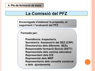 La Comissió del PFZ 4. Pla de formació de zona Encarregada d’elaborar la proposta, el seguiment i l’avaluació del PFZ Formada per: Presidència. Inspector/a. Secretari/a: Assessor/a del SEZ (CRP) Directors/res dels diferents  SEZs Responsable formació Secció (SSTT) Representats dels centres educatius Representant dels ICE Representat dels MRP Representants dels consells comarcal o dels  ajuntaments. 