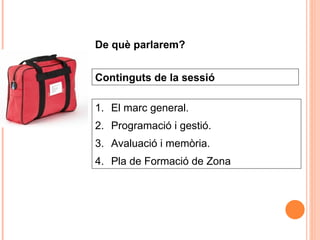 El marc general. Programació i gestió. Avaluació i memòria. Pla de Formació de Zona Continguts de la sessió De què parlarem? 