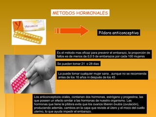 METODOS HORMONALES
Pildora anticonceptiva
Es el método mas eficaz para prevenir el embarazo, la proporción de
fallos es de menos de 0,0 5 de embarazos por cada 100 mujeres
Se pueden tomar 21 o 28 dias
La puede tomar cualquier mujer sana , aunque no se recomienda
antes de los 16 años ni después de los 45
Los anticonceptivos orales, contienen dos hormonas, estrógeno y progestina, las
que poseen un efecto similar a las hormonas de nuestro organismo. Las
hormonas que tiene la píldora evita que los ovarios liberen óvulos (ovulación),
produciendo además, cambios en la capa que reviste al útero y el moco del cuello
uterino, lo que ayuda impedir el embarazo.
 