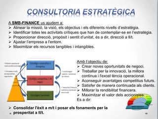 1 - ANÀLISI ESTRATÈGICA: L’anàlisi estratègica consisteix en:
 Definició de la missió i objectius estratègics: Entrevistes amb la Direcció i altre personal
de l’empresa.
 Anàlisi Interna: Recopilació, anàlisi o elaboració de informació economico-financera de
l’empresa: Plans estratègics, Plans d’empresa, estats financers, pressupostos, plans
operatius, plans de màrqueting...
 Anàlisi Externa: Recopilació i anàlisi de les fons relatives a la industria, mercat i entorn
en general.
 Informe econòmic financer preliminar: Anàlisi dinàmic comparatiu, diagnòstic i
recomanacions. Diagnosi de l’empresa basat en l’enfocament DAFO (SWOT):
Debilitats, Amenaces, Fortaleses i Oportunitats.
2- FORMULACIÓ O REVISIÓ D’ESTRATÈGIES.
 Disseny d’opcions estratègiques: Inclou l’anàlisi financer d’escenaris (cada opció) i
una avaluació del potencial de negoci futur de l’empresa per cada un d’aquests
escenaris.
 Selecció de la estratègia: Selecció i/o revisió de la estratègia corporativa o de negoci.
 Implantació de la estratègia: Implantació a través del Quadre de Comandament
Integral (QCI / BSC). El mapa estratègic trasllada la missió en temes estratègics i
objectius mesurables. Definició de les mètriques apropiades per l’empresa: indicadors
financers (KPI) i conductors operacionals (drivers).
 Control estratègic: Definició del pla d’implementació dels
programes estratègics i dels plans d’acció i revisió.
 