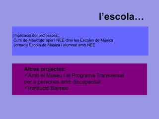 l’escola… Altres projectes: Amb el Museu i el Programa Transversal per a persones amb discapacitat Institució Balmes Implicació del professorat Curs de Musicoterapia i NEE dins les Escoles de Música Jornada Escola de Música i alumnat amb NEE 