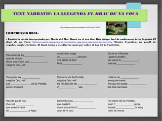 TEXT NARRATIU: LA LLEGENDA EL DRAC DE NA COCA 
COMPRENSIÓ ORAL: 
- Escolta la versió interpretada per Maria del Mar Bonet en el seu disc Bon viatge faci la cadernera de la llegenda El 
drac de na Coca http://www.viasona.cat/grup/maria-del-mar-bonet/bon-viatge-faci-la-cadernera/el-drac-de-na-coca. Mentre l'escoltes, un parell de 
vegades, omple els buits. Al final, torna a escoltar la cançó per saber si has fet bé l'activitat. 
va dur d'un viatge 
un ______________venturer. 
I va néixer el drac: 
feroç _______________. 
De nit ve d'Alcúdia, 
–galant cavaller–, 
per veure la ______________: 
rosa de _______________. 
S'engoleix les _______________ 
valga'ns Déu, val! 
Les ________________ de Sa Portella 
ploren d'espant. 
Pel carrer de Sa Portella 
valga'ns Déu, val! 
les nits fan olor de _______________, 
d'_______________ i sal. 
I allà ha de _______________ 
enmig del carrer 
fins que en queda _______________ 
del drac carnisser. 
Han dit que la nau 
d'un vell _______________ 
que anava i venia 
de _______________ a Alger, 
Bartomeu Coc, _______________, 
jove i galant, 
diuen que arriba d'_______________ 
quan la nit cau. 
Pel carrer de Sa Portella, 
quan l'_______________ penja, 
la pluja _______________ la sang 
color de menta. 
Pel carrer de Sa ________________, 
quan la nit cau, 
diuen que hi surt una ______________; 
valga'ns Déu, val! 
http://www.youtube.com/watch?v=9TcvyE73yD0 
