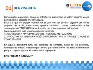 BENVINGUDA01
Benvolgudes empreses, escoles i entitats. En primer lloc us volem agrair la vostra
participació al projecte TARRACOLAB.
Està clar que en aquest moment tot el que fem per assolir l’objectiu del nostre
projecte, és a dir, crear valor, generar activitat i noves oportunitats a les
comarques de TARRAGONA serà positiu per a les persones del territori.
Aquesta primera fase té com a objectiu concrets:
1. ACONSEGUIR APROPAR LES VOSTRES ORGANITZACIONS
2. FACILITAR LA IDENTIFICACIÓ D’OPORTUNITATS A TRAVÉS D’AQUEST
CONEIXEMENT.
En aquest document teniu les persones de contacte, detall de les activitats,
calendari de treball, metodologia i eines que farem servir i la resta d’informació
perque pogueu aportar el màxim valor al projecte.
ENS POSEM A INNOVAR?
 