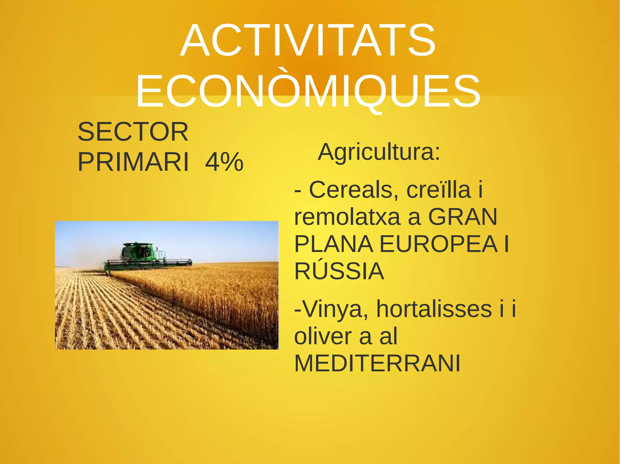 ACTIVITATS
ECONÒMIQUES
SECTOR
PRIMARI 4% Agricultura:
- Cereals, creïlla i
remolatxa a GRAN
PLANA EUROPEA I
RÚSSIA
-Vinya, hortalisses i i
oliver a al
MEDITERRANI
 