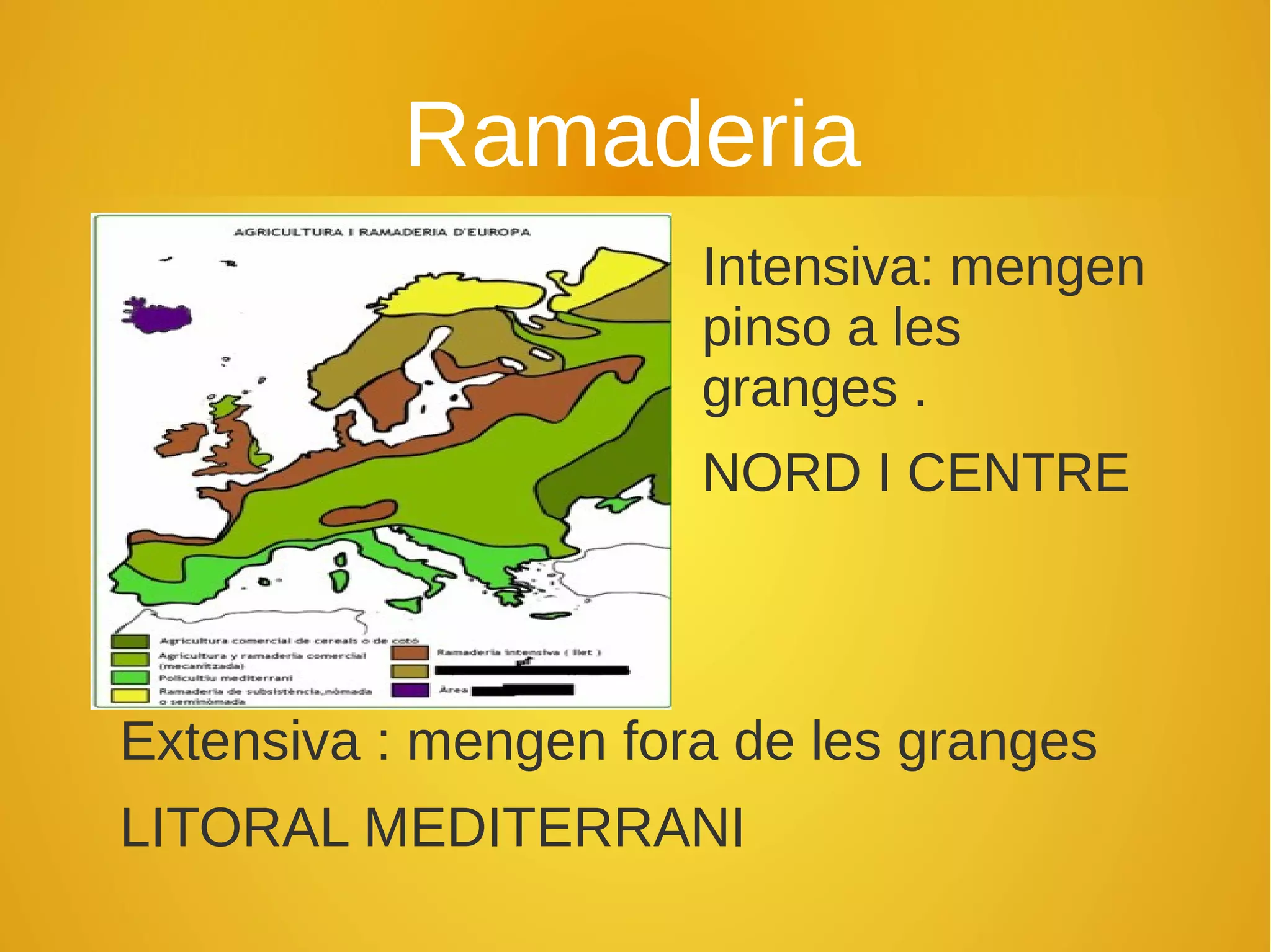 Ramaderia
Intensiva: mengen
pinso a les
granges .
NORD I CENTRE
Extensiva : mengen fora de les granges
LITORAL MEDITERRANI
 