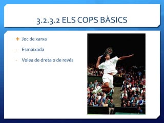 3.2.3.2 ELS COPS BÀSICS

 Joc de xarxa

-   Esmaixada

-   Volea de dreta o de revés
 