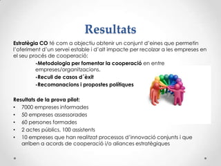 Resultats
Estratègia CO té com a objectiu obtenir un conjunt d’eines que permetin
l’oferiment d’un servei estable i d’alt impacte per recolzar a les empreses en
el seu procés de cooperació:
-Metodologia per fomentar la cooperació en entre
empreses/organitzacions.
-Recull de casos d´èxit
-Recomanacions i propostes polítiques
Resultats de la prova pilot:
• 7000 empreses informades
• 50 empreses assessorades
• 60 persones formades
• 2 actes públics, 100 assistents
• 10 empreses que han realitzat processos d’innovació conjunts i que
arriben a acords de cooperació i/o aliances estratègiques
 