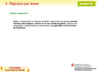 3. Objectius per àrees Definir i implementar un sistema d’anàlisi i seguiment que permeti  avaluar l’eficàcia del projecte i valorar si   un nou model de gestió , basat en les necessitats i especificitats de cada territori,  és aplicable a tot el territori de Catalunya Anàlisi i seguiment 