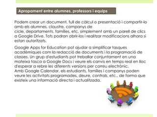 Apropament entre alumnes, professors i equips
Podem crear un document, full de càlcul o presentació i compartir-lo
amb els alumnes, claustre, companys de
cicle, departaments, famílies, etc. simplement amb un parell de clics
a Google Drive. Tots podran obrir-los i realitzar modificacions alhora si
estan autoritzats.
Google Apps for Education pot ajudar a simplificar tasques
acadèmiques com la redacció de documents i la programació de
classes. Un grup d'estudiants pot treballar conjuntament en una
mateixa tasca a Google Docs i veure els canvis en temps real en lloc
d'esperar a rebre les diferents versions per correu electrònic.
Amb Google Calendar, els estudiants, famílies i companys poden
veure les activitats programades, deure, controls, etc., de forma que
existeix una informació directa i actualitzada.

 