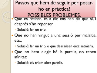 Passos que hem de seguir per posar-
ho en pràctica!
POSSIBLES PROBLEMES.
 Que es retiren, és a dir, ens han dit que sí, i
després s’ho repensen.
◦ Solució: fer un trio.
 Que no han vingut a una sessió per malaltia,
etc.,
◦ Solució: fer un trio, o que descansen eixa setmana.
 Que no hem elegit bé la parella, no tenen
afinitat:
◦ Solució: els triem altra parella.
 