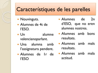 Característiques de les parelles
 Nouvinguts.
 Alumnes de 4t de
l’ESO.
 Un alumne
valencianoparlant.
 Una alumna amb
l’assignatura pendent.
 Alumnes de 1r de
l’ESO
 Alumnes de 2n
d’ESO, que no eren
alumnes nostres.
 Alumnes amb bons
resultats.
 Alumnes amb mals
resultats.
 Alumnes amb mala
actitud.
 