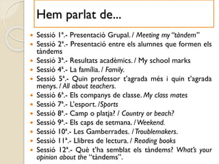 Hem parlat de...
 Sessió 1ª.- Presentació Grupal. / Meeting my “tàndem”
 Sessió 2ª.- Presentació entre els alumnes que formen els
tàndems
 Sessió 3ª.- Resultats acadèmics. / My school marks
 Sessió 4ª.- La família. / Family.
 Sessió 5ª.- Quin professor t’agrada més i quin t’agrada
menys. / All about teachers.
 Sessió 6ª.- Els companys de classe. My class mates
 Sessió 7ª.- L’esport. /Sports
 Sessió 8ª.- Camp o platja? / Country or beach?
 Sessió 9ª.- Els caps de setmana. /Weekend.
 Sessió 10ª.- Les Gamberrades. /Troublemakers.
 Sessió 11ª.- Llibres de lectura. / Reading books
 Sessió 12ª.- Què t’ha semblat els tàndems? What’s your
opinion about the “tàndems”.
 