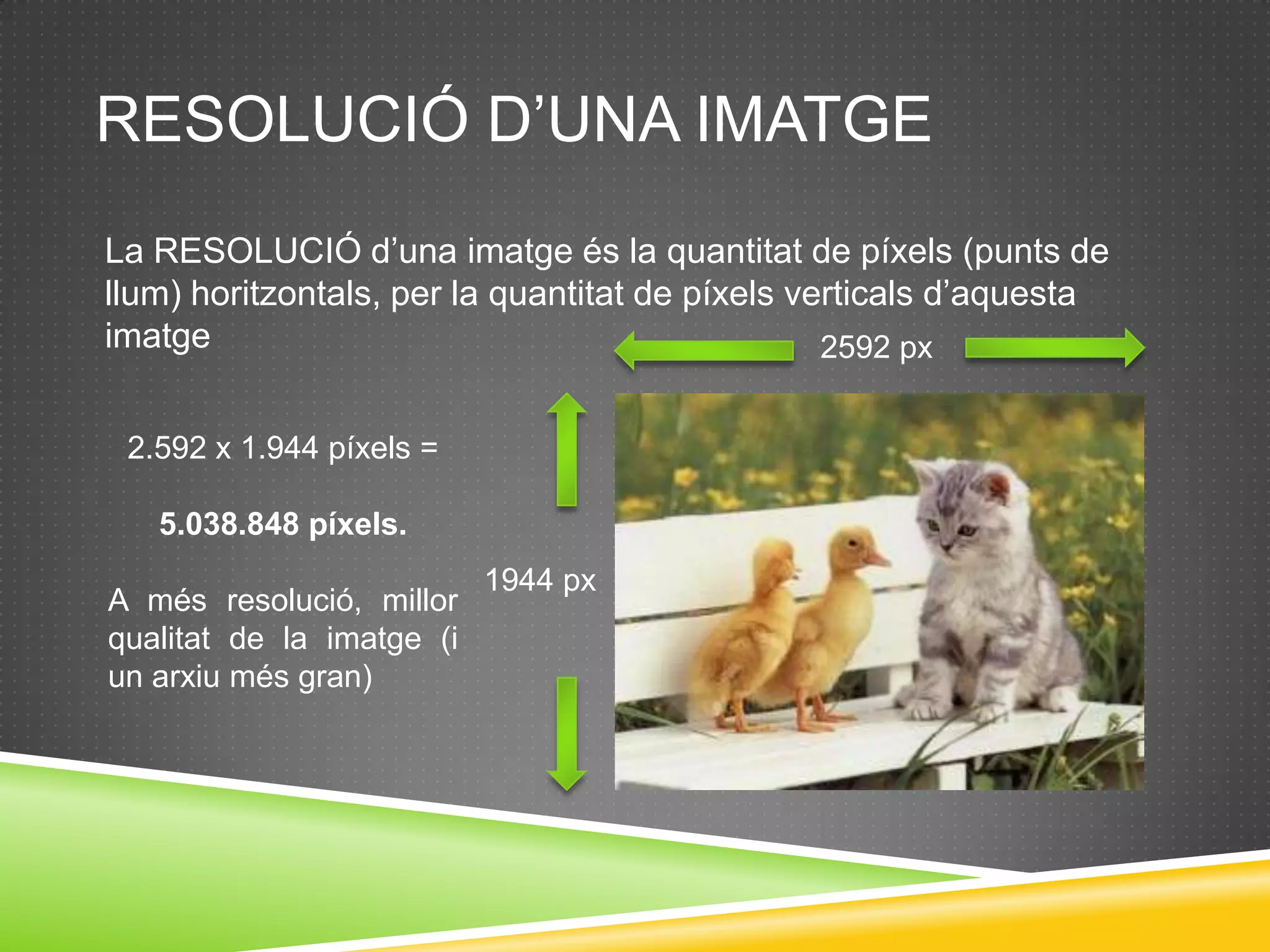 RESOLUCIÓ D’UNA IMATGE
La RESOLUCIÓ d’una imatge és la quantitat de píxels (punts de
llum) horitzontals, per la quantitat de píxels verticals d’aquesta
imatge                                           2592 px


 2.592 x 1.944 píxels =

   5.038.848 píxels.
                           1944 px
A més resolució, millor
qualitat de la imatge (i
un arxiu més gran)
 