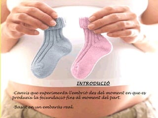 INTRODUCIÓ -Canvis que experimenta l’embrió des del moment en que es produeix la fecundació fins al moment del part. -Basat en un embaràs real. 