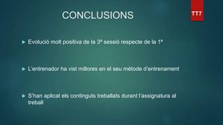 CONCLUSIONS
 Evolució molt positiva de la 3ª sessió respecte de la 1ª
 L’entrenador ha vist millores en el seu mètode d’entrenament
 S’han aplicat els continguts treballats durant l’assignatura al
treball
 