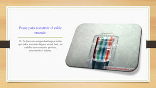 Pasos para construir el cable 
cruzado 
12.- Se hace otra comprobación por arriba: 
que todos los cables lleguen asta el final , las 
cuchillas asen conexión perfecta, 
atravesando el aislante. 
 