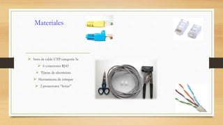 Materiales 
 5mts de cable UTP categoría 5e 
 6 conectores RJ45 
 Tijeras de electricista 
 Herramienta de crimpar 
 2 protectores “botas” 
 