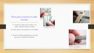 Pasos para construir el cable 
cruzado 
4.- Tomar los cables por los dedos , sin 
soltar, estiramos todos los cables 
Los dejo sujetos con una pinza u otro utillaje 
5.- Poner los cables paralelamente, sin soltar 
para que no cambien de posición 
 