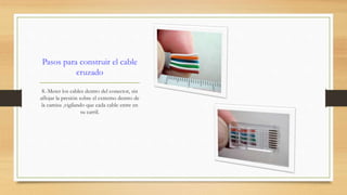 Pasos para construir el cable 
cruzado 
8.-Meter los cables dentro del conector, sin 
aflojar la presión sobre el extremo dentro de 
la camisa ,vigilando que cada cable entre en 
su carril. 
 