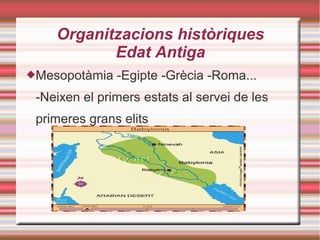 Organitzacions històriques
Edat Antiga
Mesopotàmia -Egipte -Grècia -Roma...
-Neixen el primers estats al servei de les
primeres grans elits
 
