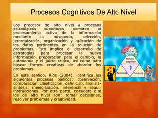 Procesos Cognitivos De Alto Nivel
Los procesos de alto nivel o procesos
psicológicos superiores permiten el
procesamiento activo de la información
mediante la búsqueda, selección,
jerarquización, organización y aplicación de
los datos pertinentes en la solución de
problemas. Esto implica el desarrollo de
estrategias para procesar la nueva
información, preparación para el cambio, la
autonomía y el juicio crítico, así como para
buscar formas creativas de abordar los
problemas.
En este sentido, Ríos (2004), identifica los
siguientes procesos básicos: observación,
comparación, clasificación, definición, analisis-
sintesis, memorización, inferencia y seguir
instrucciones. Por otra parte, considera que
los de alto nivel son: tomar decisiones,
resolver problemas y creatividad.
 