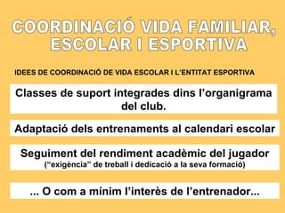 COORDINACIÓ VIDA FAMILIAR, ESCOLAR I ESPORTIVA IDEES DE COORDINACIÓ DE VIDA ESCOLAR I L’ENTITAT ESPORTIVA Classes de suport integrades dins l’organigrama del club. Adaptació dels entrenaments al calendari escolar Seguiment del rendiment acadèmic del jugador  (“exigència” de treball i dedicació a la seva formació) ... O com a mínim l’interès de l’entrenador... 