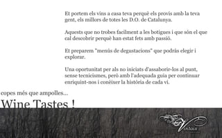 copes més que ampolles… Wine Tastes ! Et portem els vins a casa teva perquè els provis amb la teva gent, els millors de totes les D.O. de Catalunya. Aquests que no trobes facilment a les botigues i que són el que cal descobrir perquè han estat fets amb passió. Et preparem "menús de degustacions" que podràs elegir i explorar. Una oportunitat per als no iniciats d'assaborir-los al punt, sense tecnicismes, però amb l'adequada guia per continuar enriquint-nos i conèixer la història de cada vi.   