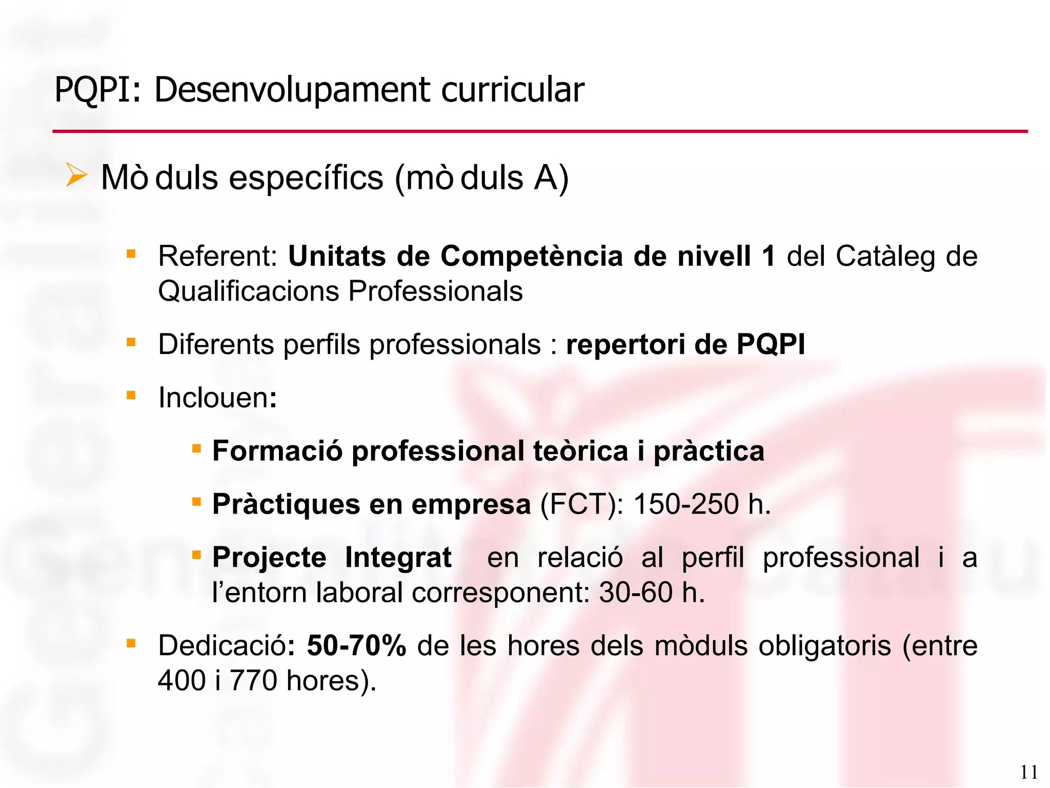 PQPI: Desenvolupament curricular Referent:  Unitats de Competència   de nivell 1  del Catàleg de Qualificacions Professionals  Diferents perfils professionals :  repertori de PQPI Inclouen : Formació professional teòrica i pràctica Pràctiques en empresa  (FCT): 150-250 h.  Projecte Integrat   en relació al perfil professional i a l’entorn laboral corresponent: 30-60 h.  Dedicació : 50-70%  de les hores dels mòduls obligatoris (entre 400 i 770 hores) .  Mòduls específics (mòduls A)   