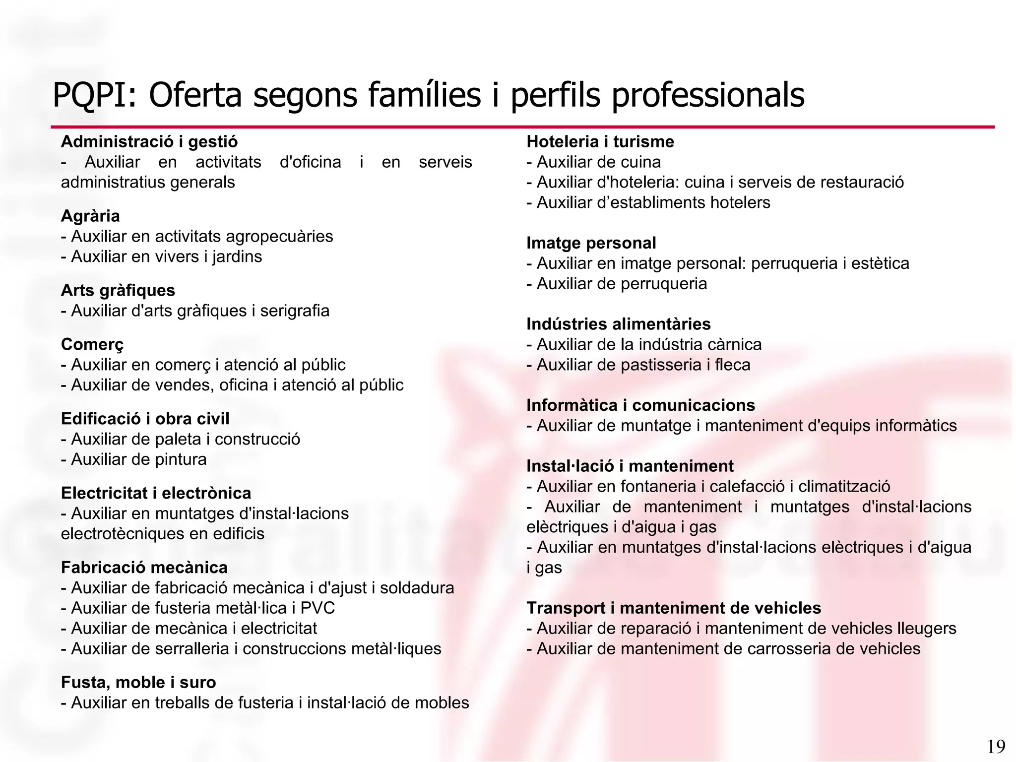 PQPI: Oferta  segons famílies i perfils professionals Administració i gestió - Auxiliar en activitats d&#x27;oficina i en serveis administratius generals Agrària - Auxiliar en activitats agropecuàries - Auxiliar en vivers i jardins Arts gràfiques - Auxiliar d&#x27;arts gràfiques i serigrafia Comerç - Auxiliar en comerç i atenció al públic - Auxiliar de vendes, oficina i atenció al públic Edificació i obra civil - Auxiliar de paleta i construcció  - Auxiliar de pintura Electricitat i electrònica  - Auxiliar en muntatges d&#x27;instal·lacions electrotècniques en edificis Fabricació mecànica - Auxiliar de fabricació mecànica i d&#x27;ajust i soldadura - Auxiliar de fusteria metàl·lica i PVC - Auxiliar de mecànica i electricitat - Auxiliar de serralleria i construccions metàl·liques Fusta, moble i suro - Auxiliar en treballs de fusteria i instal·lació de mobles Hoteleria i turisme - Auxiliar de cuina - Auxiliar d&#x27;hoteleria: cuina i serveis de restauració - Auxiliar d’establiments hotelers Imatge personal - Auxiliar en imatge personal: perruqueria i estètica - Auxiliar de perruqueria Indústries alimentàries - Auxiliar de la indústria càrnica - Auxiliar de pastisseria i fleca Informàtica i comunicacions - Auxiliar de muntatge i manteniment d&#x27;equips informàtics Instal·lació i manteniment - Auxiliar en fontaneria i calefacció i climatització - Auxiliar de manteniment i muntatges d&#x27;instal·lacions elèctriques i d&#x27;aigua i gas - Auxiliar en muntatges d&#x27;instal·lacions elèctriques i d&#x27;aigua i gas Transport i manteniment de vehicles - Auxiliar de reparació i manteniment de vehicles lleugers - Auxiliar de manteniment de carrosseria de vehicles 