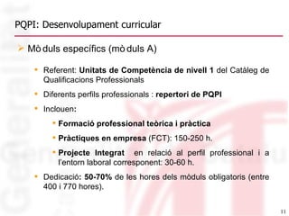 PQPI: Desenvolupament curricular Referent:  Unitats de Competència   de nivell 1  del Catàleg de Qualificacions Professionals  Diferents perfils professionals :  repertori de PQPI Inclouen : Formació professional teòrica i pràctica Pràctiques en empresa  (FCT): 150-250 h.  Projecte Integrat   en relació al perfil professional i a l’entorn laboral corresponent: 30-60 h.  Dedicació : 50-70%  de les hores dels mòduls obligatoris (entre 400 i 770 hores) .  Mòduls específics (mòduls A)   