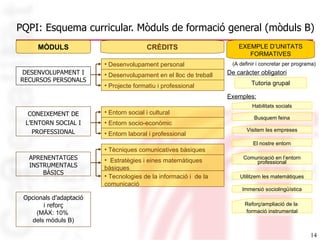 PQPI: Esquema curricular. Mòduls de formació general (mòduls B) MÒDULS CONEIXEMENT DE L’ENTORN SOCIAL I PROFESSIONAL APRENENTATGES INSTRUMENTALS BÀSICS CRÈDITS Desenvolupament personal EXEMPLE D’UNITATS FORMATIVES De caràcter obligatori Exemples: Habilitats socials Busquem feina El nostre entorn Utilitzem les matemàtiques Comunicació en l’entorn professional Visitem les empreses Immersió sociolingüística Reforç/ampliació de la  formació instrumental Opcionals d’adaptació i reforç (MÁX: 10%  dels mòduls B) (A definir i concretar per programa) DESENVOLUPAMENT I RECURSOS PERSONALS Projecte formatiu i professional Desenvolupament en el lloc de treball Tècniques comunicatives bàsiques Estratègies i eines matemàtiques bàsiques Tecnologies de la informació i  de la comunicació Entorn laboral i professional Entorn social i cultural Entorn socio-econòmic Tutoria grupal 