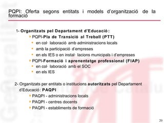 PQPI: Oferta segons entitats i models d’organització de la formació 1-  Organitzats pel Departament d’Educació: PQPI- Pla de Transició al Treball (PTT) en col·laboració amb administracions locals amb la participació d’empreses en els IES o en instal·lacions municipals i d’empreses PQPI- Formació i aprenentatge professional (FIAP) en col·laboració amb el SOC en els IES 2- Organitzats per entitats o institucions  autoritzats  pel Departament  d’Educació:  PAQPI PAQPI - administracions locals PAQPI - centres docents PAQPI - establiments de formació 
