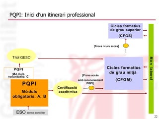 PQPI: Inici d’un itinerari professional ESO  sense acreditar PQPI Mòduls obligatoris: A, B Món  laboral   Cicles formatius de grau mitjà  (CFGM) Certificació acadèmica [Prova accés amb reconeixement PQPI] PQPI Mòduls voluntaris: C Títol GESO Cicles formatius de grau superior (CFGS) [Prova i curs accés] 