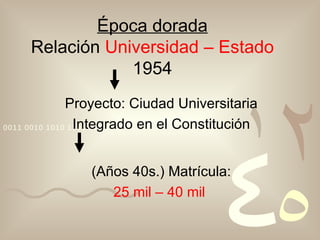 Época dorada Relación  Universidad – Estado 1954 Proyecto: Ciudad Universitaria Integrado en el Constitución (Años 40s.) Matrícula: 25 mil – 40 mil   