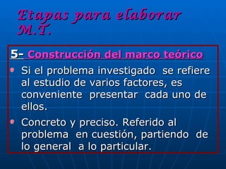 Etapas para elaborar
 M.T.
5- Construcción del marco teórico
 Si el problema investigado se refiere
 al estudio de varios factores, es
 conveniente presentar cada uno de
 ellos.
 Concreto y preciso. Referido al
 problema en cuestión, partiendo de
 lo general a lo particular.
 