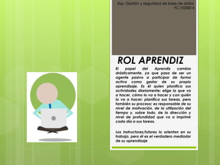 ROL APRENDIZ
El papel del Aprendiz cambia
drásticamente, ya que pasa de ser un
agente pasivo a participar de forma
activa como gestor de su propio
aprendizaje. Es él quien planifica sus
actividades diariamente; elige lo que va
a hacer, cómo lo va a hacer y con quién
lo va a hacer; planifica sus tareas, pero
también su proceso; es responsable de su
nivel de motivación, de la utilización del
tiempo y, sobre todo, de la dirección y
nivel de profundidad que va a imprimir
cada día a sus tareas.
Los instructores/tutores lo orientan en su
trabajo, pero él es el verdadero mediador
de su aprendizaje
Esp: Gestión y seguridad de base de datos
FC:1025814
 